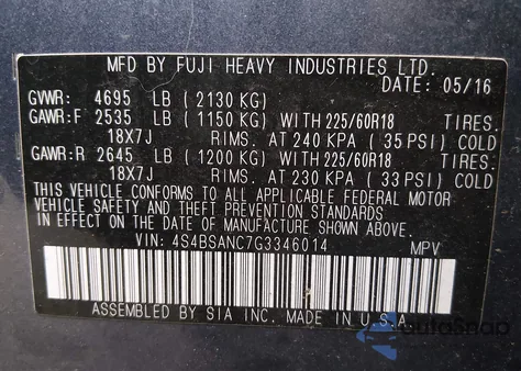 2016 Subaru Outback 2.5I Limited from USA, damaged, VIN 4S4BSANC7G3346014